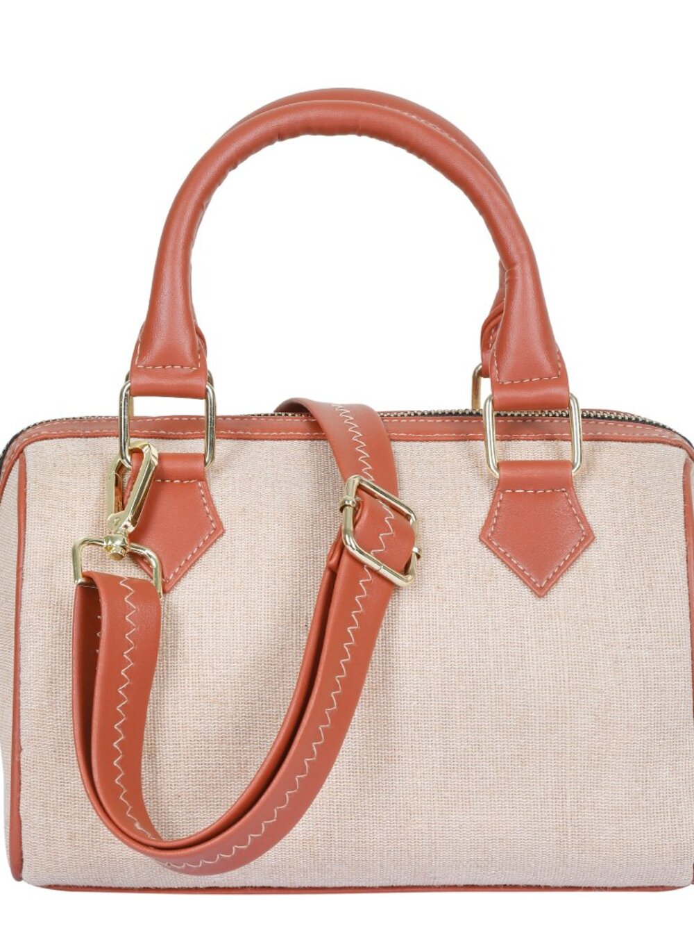 Women’s Canvas Beige Top Handle Crossbody Bag – Vegan Leather Trim